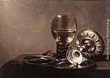 Wine Canvas Paintings - Still Life with Wine Glass and Silver Bowl
